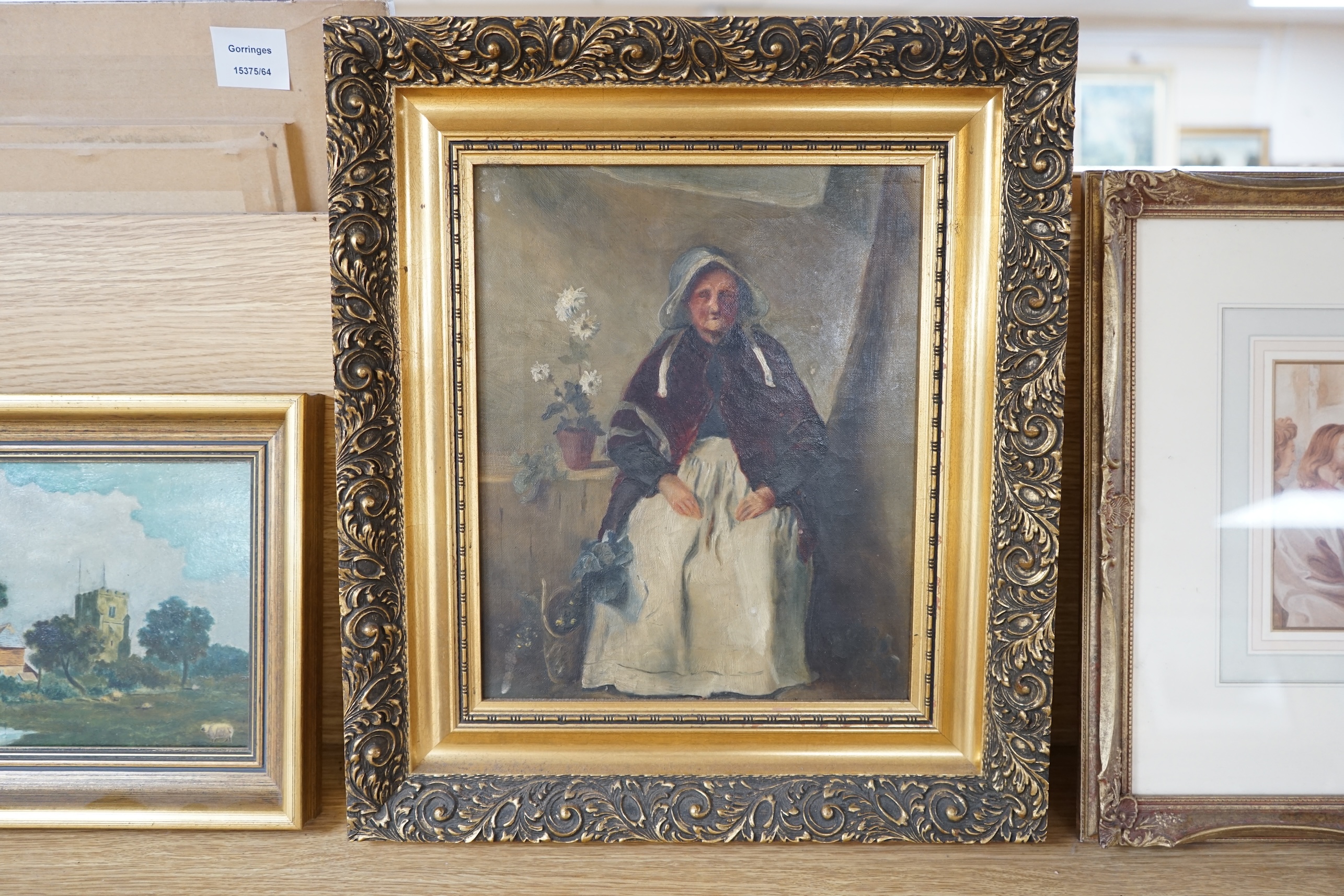 Early 20th century English School, oil on canvas, Portrait of a seated Flemish elderly lady in an interior, 29 x 24cm, gilt framed. Condition - fair to good